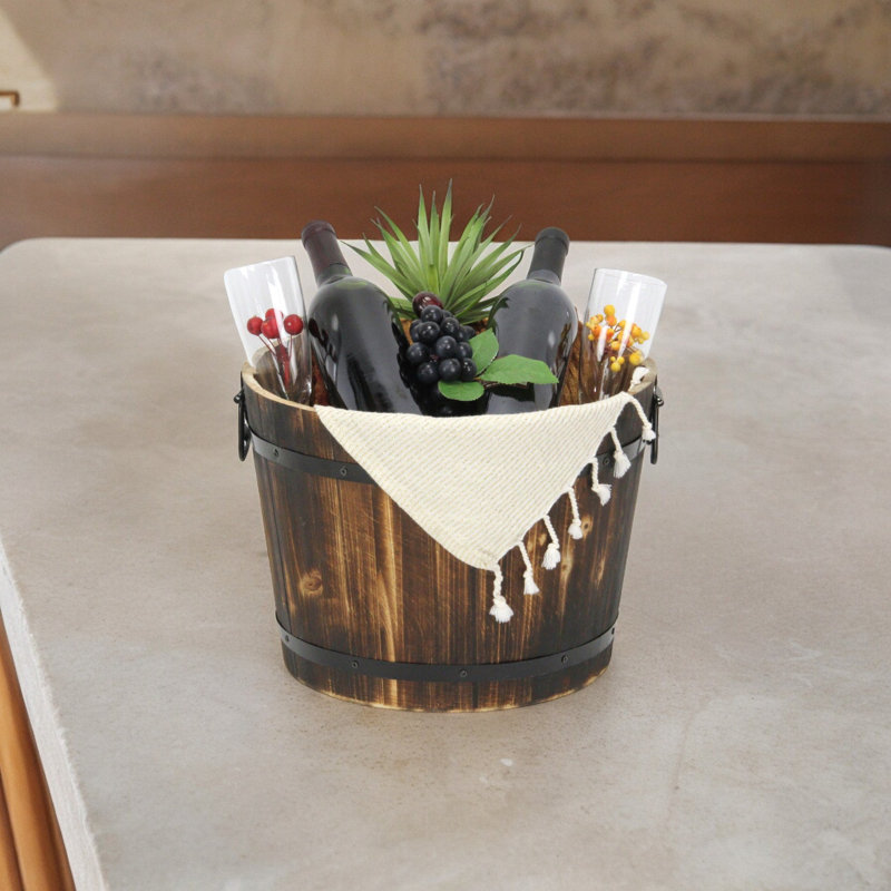 Mariva Dark Brown Wood Decor Bucket | Metal Accents & Handles |, 9.75" H x 13.38" W x 13.38" D