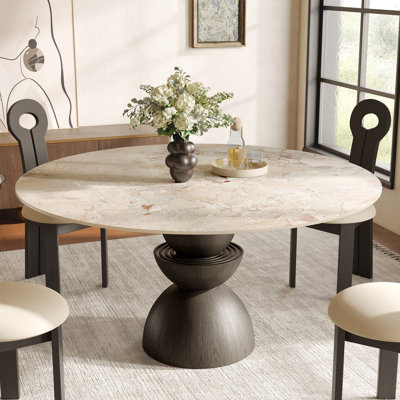 Modern Round Dining Table with Premium Sintered Stone Table & Sturdy Solid Wood Pedestal Base For 2/4/6