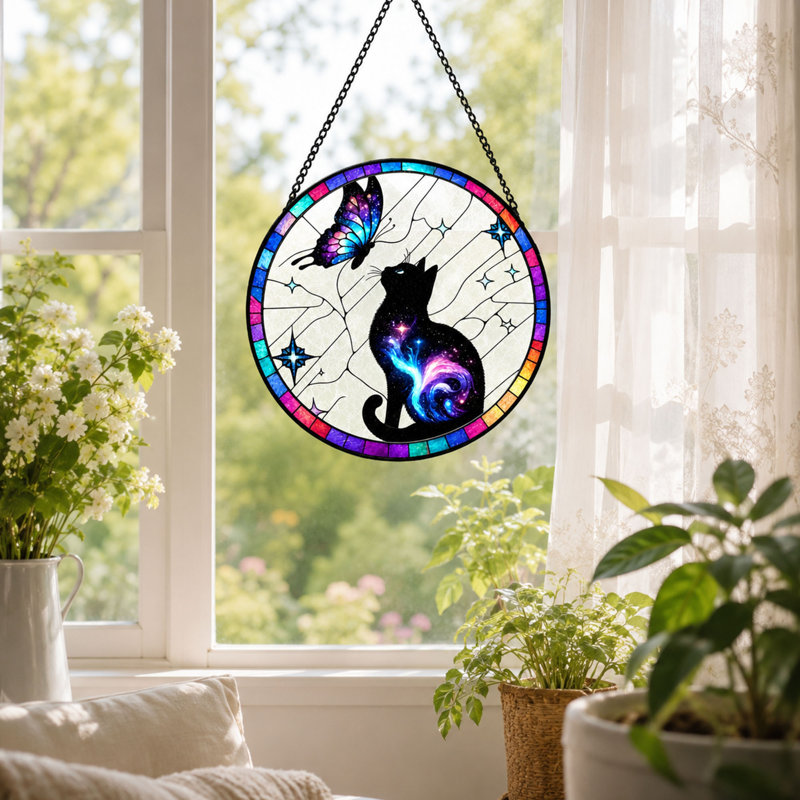 Chat et papillon vitrail, fenêtre colorée suspendue Suncatcher