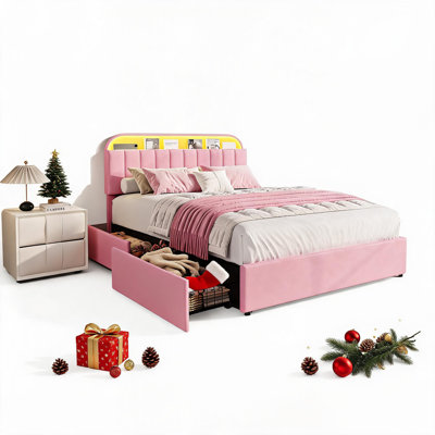 Cadre de lit Lit plateforme avec tête de lit avec rangement, cadre de lit pour enfant avec 2 tiroirs, cadre de lit plateforme tapissier avec lumières DEL, pas de sommier tapissier requis, assemblage facile