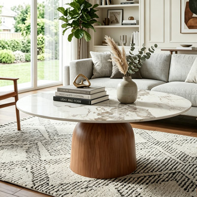 Meranda 35"/41" Round Sintered Stone Coffee Table With Walnut Solid Wood Pedestal For Living Room & Home Decor