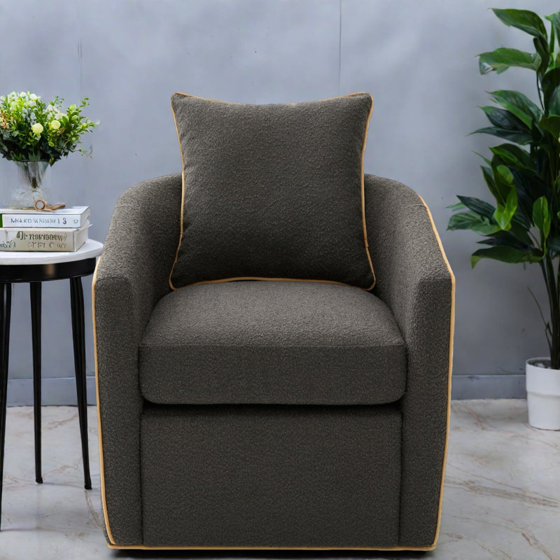 Fauteuil d'appoint pivotant moderne, revêtement en polyester gris foncé, conception en tonneau pour espaces compacts