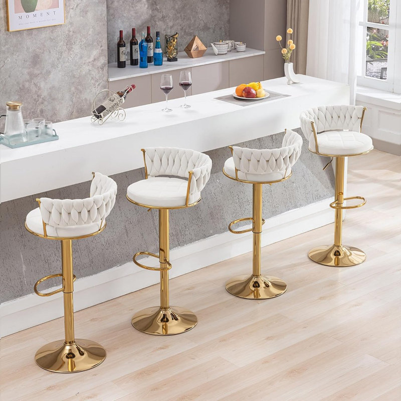 Ensemble de 4 tabourets de bar modernes en velours avec dossier et accoudoirs, base en métal doré, chaises pivotantes à 360 °, blanc