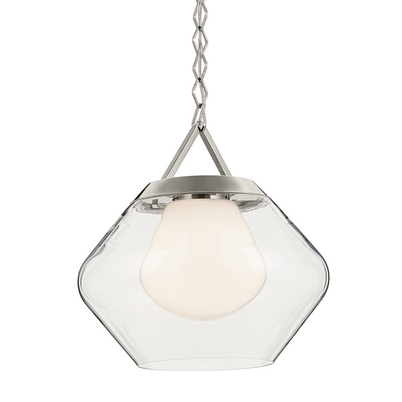  Luminaire suspendu 1 lumière avec verre extérieur transparent et verre intérieur opale, Nickel poli, H 16 po x l 16,5 po