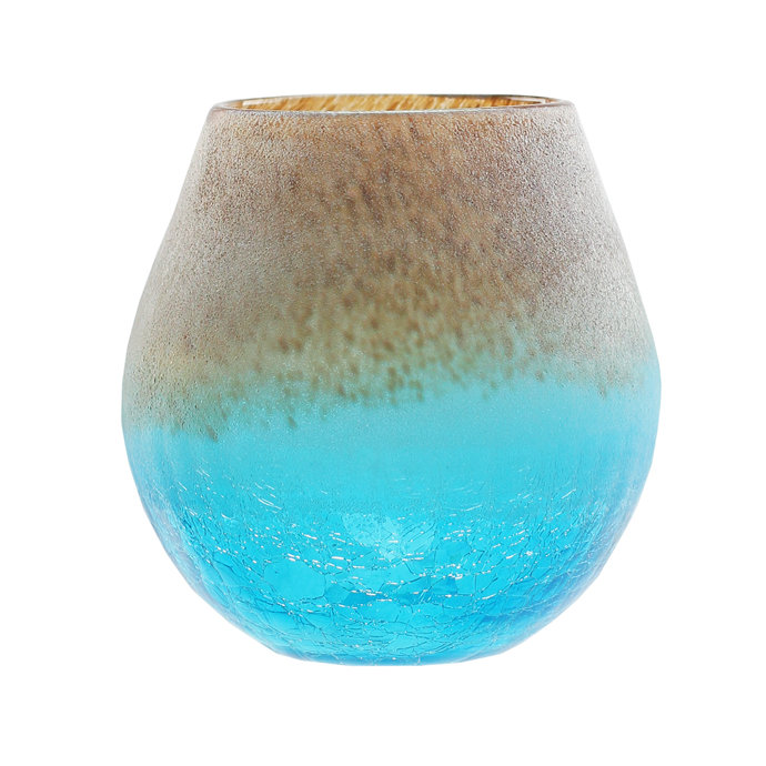 Vase en verre soufflé à la main 5,5 "bleu azur craquelé et brun chocolat givré