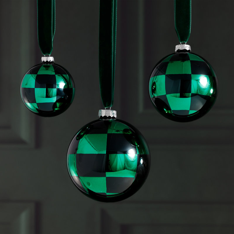 Boules de Noël en verre à carreaux, ensemble de 6, H 3,25 po x l 3,25 po x P 3,25 po