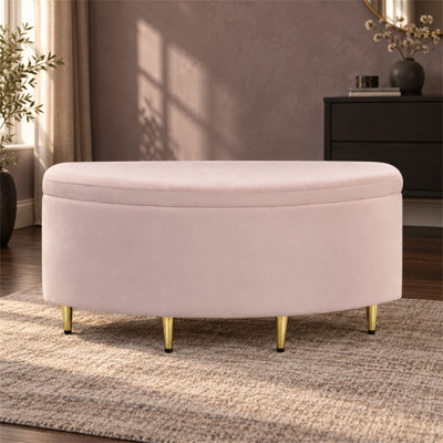 Pink Velvet Upholstered Storage Bench with Gold Metal Legs, 90 x 40 x 42cm Half-Moon Ottoman for Bedroom and Hallway