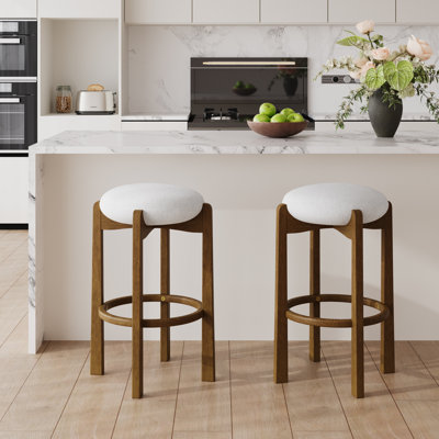 Lunara Mid-Century Modern Rubberwood Upholstered Barstools With Curved Back And Footrest