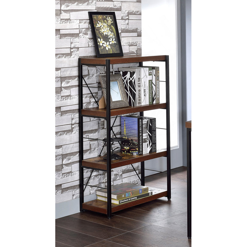 Bibliothèque en métal vieilli chêne et noir avec rangement à trois niveaux et support robuste en X pour les espaces modernes.