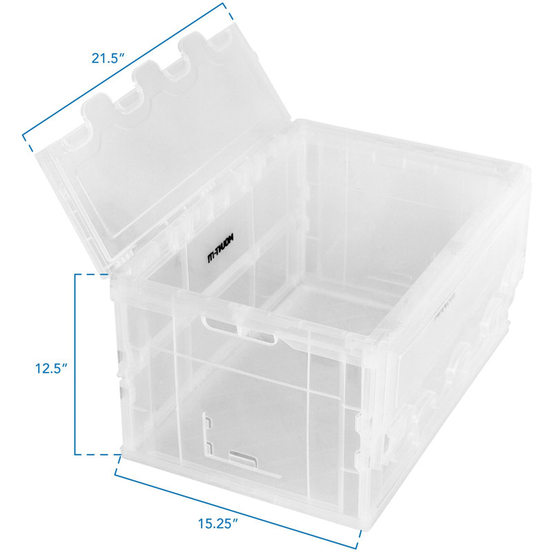 Mount-It! Folding Plastic Storage Crate, Collapsible Utility Distribution Container With Attached Lid, 65L Litre Capacity, Clear (Set Of 3)
