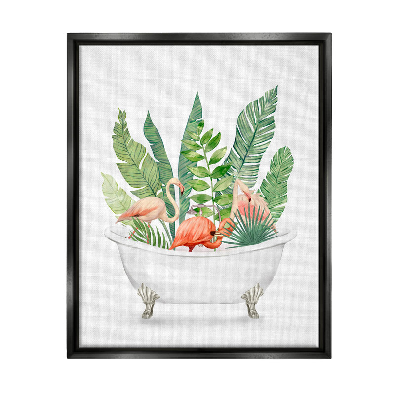 "Tropical Flameoes Bathaign Plants", art mural sur toile flottante noire par Ziwei Li, H 21 po x l 17 po x P 1,7 po