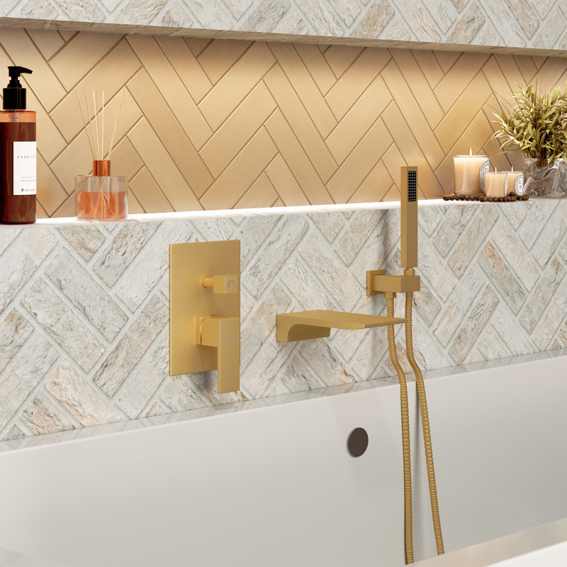 Doux Wall Mounted Waterfall Tub Spout with Diverter and Handheld Shower Head, Brushed Gold