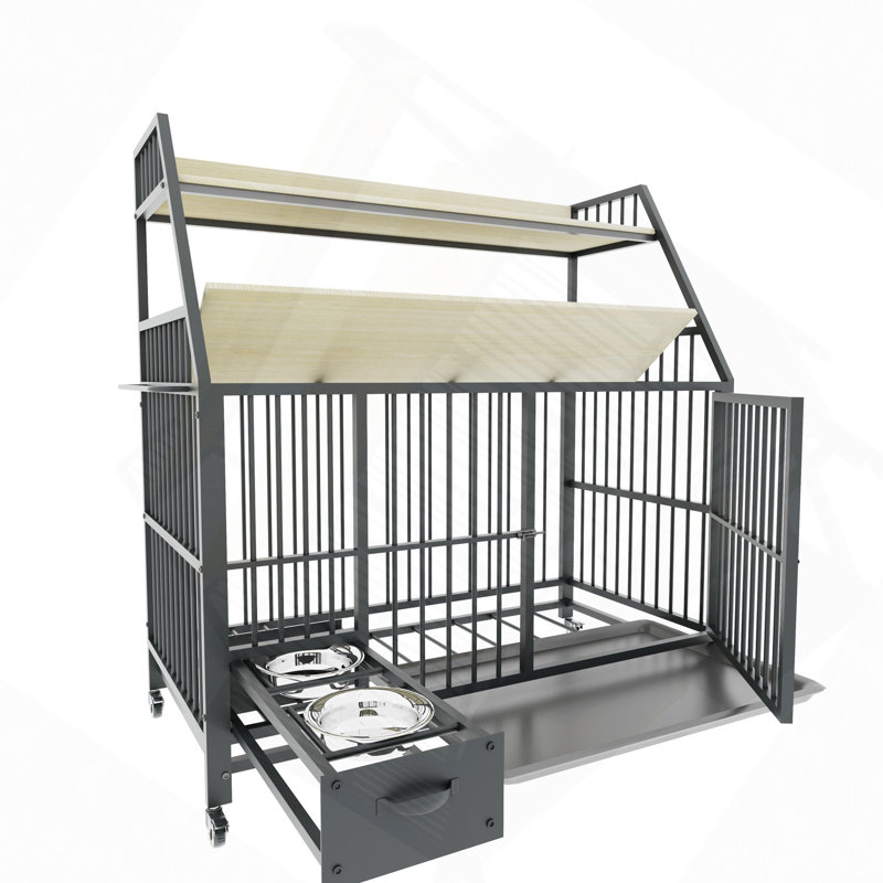 Grande cage pour animaux de compagnie avec support de rangement, tiroirs avec bacs à nourriture et à eau en acier inoxydable, support de rangement à double couche en cadre de fer et panneau de fibres à densité moyenne, robuste et exquis