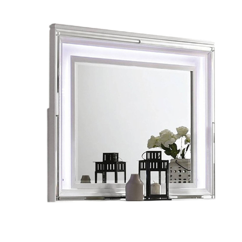 Miroir de commode Lin avec lumières DEL, cadre en bois massif blanc 47 pouces