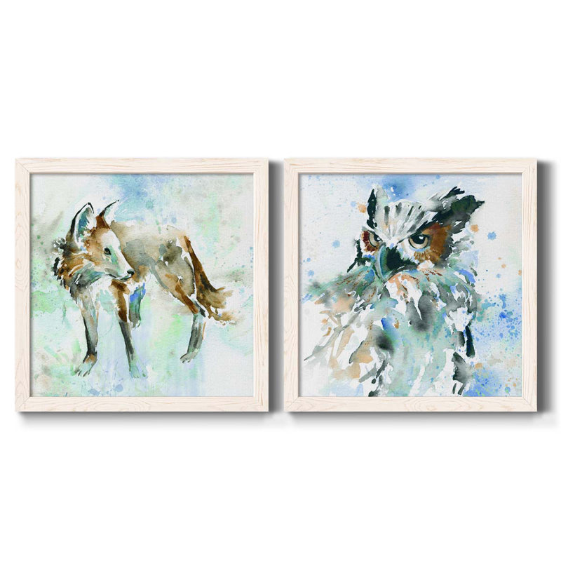 Renard sur bleu - Ensemble de 2 peintures sur toiles, Toile blanche encadrée, H 17 po x l 34 po x P 1,5 po