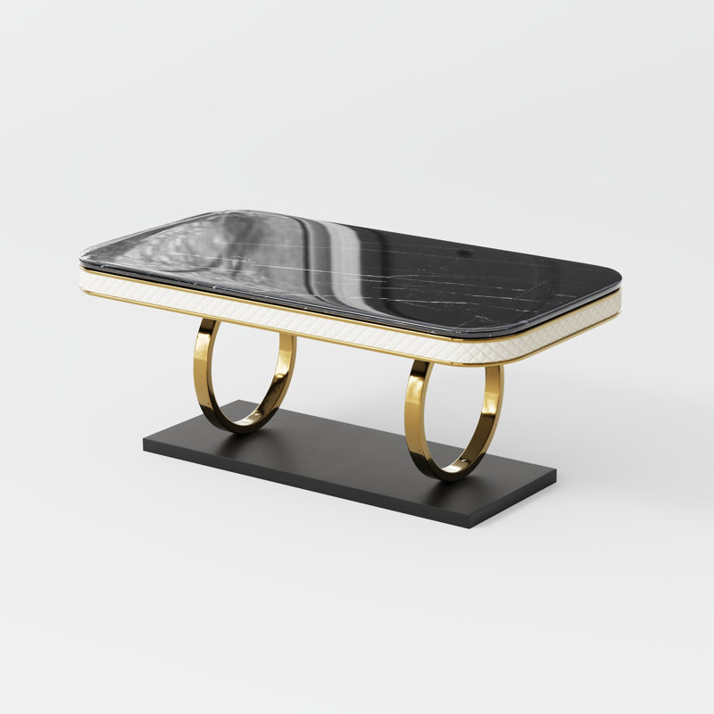 Table de salle à manger d'ingrédient moderne en marbre noir avec base à double piédestal Ingris, L 31,5 po x L 55 po