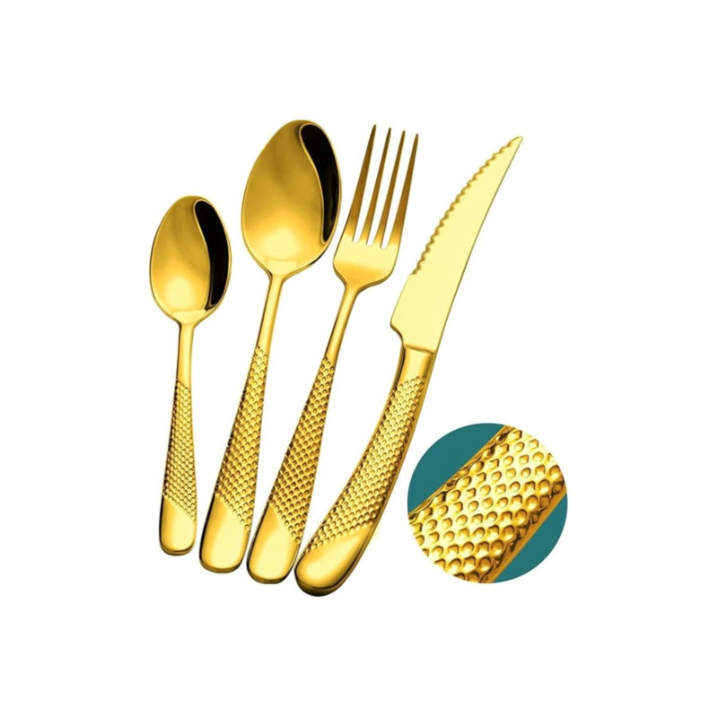 Ensemble de couverts de luxe martelé doré avec couteaux dentelés 2 en 1 ultra tranchants - Ensemble de couverts en acier inoxydable de qualité supérieure