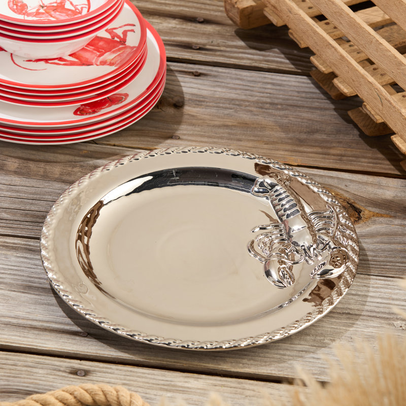 Coastal Luxury: Plateau rond en porcelaine plaquée argent de 13 pouces - Élégante vaisselle résistante à la ternissure pour une salle à manger et des réceptions haut de gamme