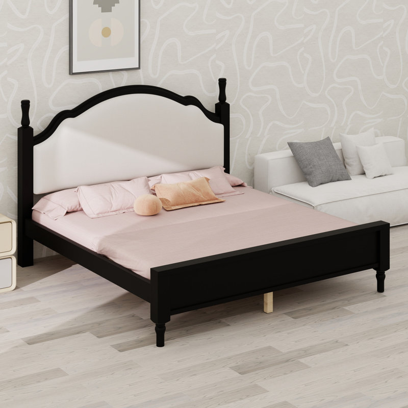 Lit plateforme avec tête de lit tapissier élégante, Beige + noir
