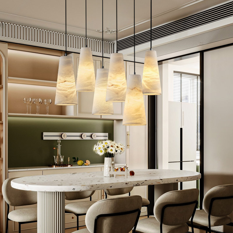 Belspring Adjustable Height Alabaster Pendant Lights, Marble Conical Shade(Bulb Included), Matte Black