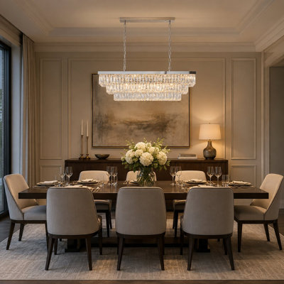 Lustre transitionnel 12 lumières à 3 niveaux en chrome avec cristal