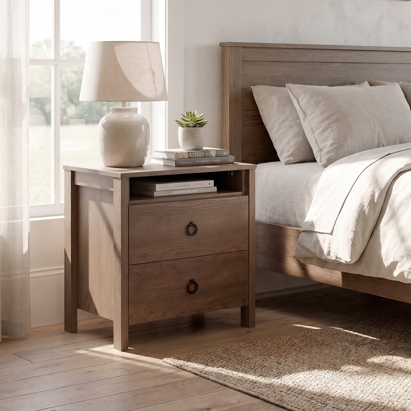 Mucci 22.7" H Transitional 2 Drawer Nightstand With Shelf, Brown, Individual