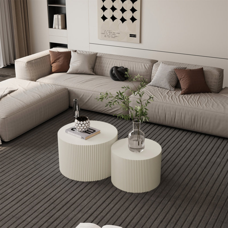 Ensemble de table basse gigogne à rayures Wave pour salon, chambre à coucher (ensemble de 2 pièces), White