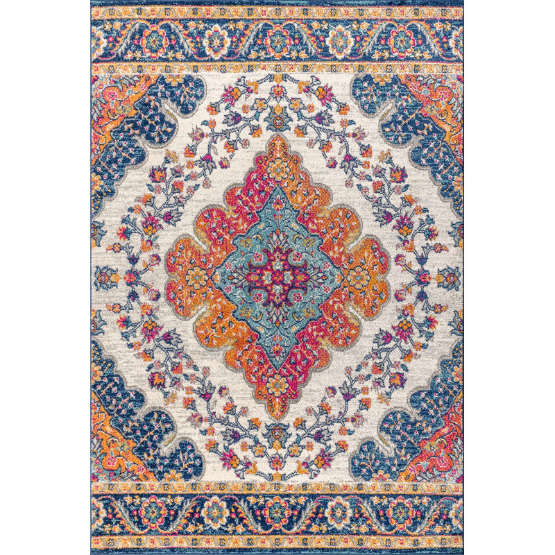 Tapis bleu / jaune / crème Lathan, Rectangle 4 pi x 6 pi