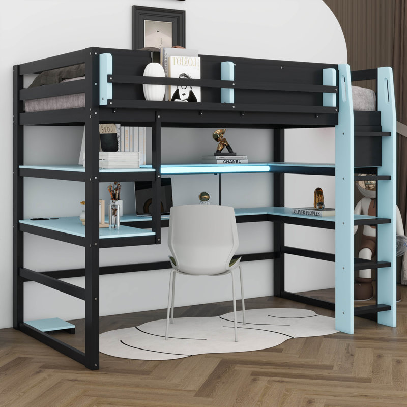 Lit mezzanine en bois Gaming, Lit simple, Bleu nuage