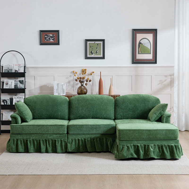 Canapé modulaire moderne avec jupe à volants amovible, chenille, repose-pieds, en forme de L, Vert
