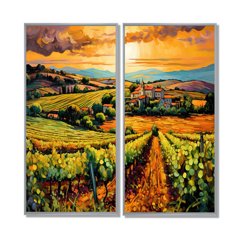 «Vangogh Sunlit Vineyard I», art mural jaune, 32" H x 32" W, Floater Framed Print without Mat, Silver