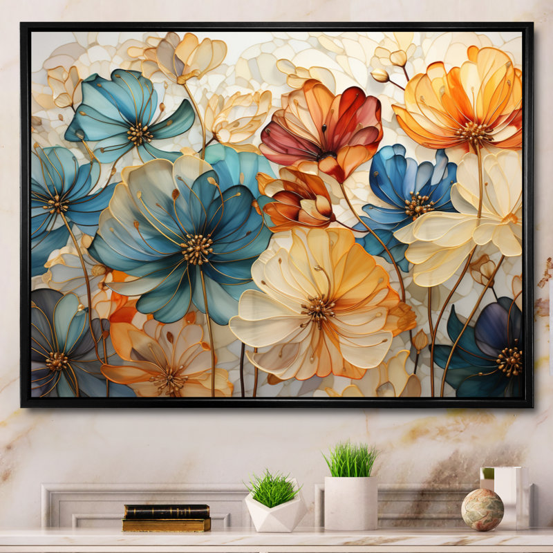«Teal Orange Petal Mosaics II - Abstract Botanicals», art mural sur toile, H 16 po x l 32 po, Noir