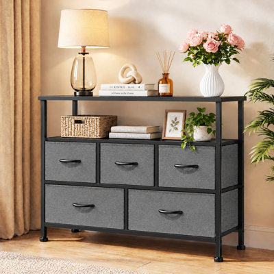 5-Drawer Storage Dresser with Open Shelf, Industrial Wood & Metal TV Stand