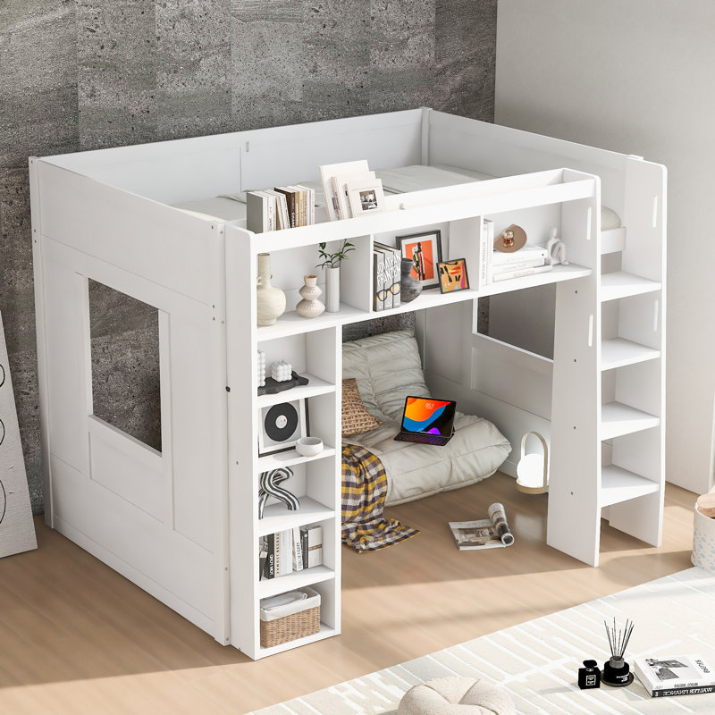 Queen Size Wooden Loft Bed with Storage Cabinets and Shelves, White, White