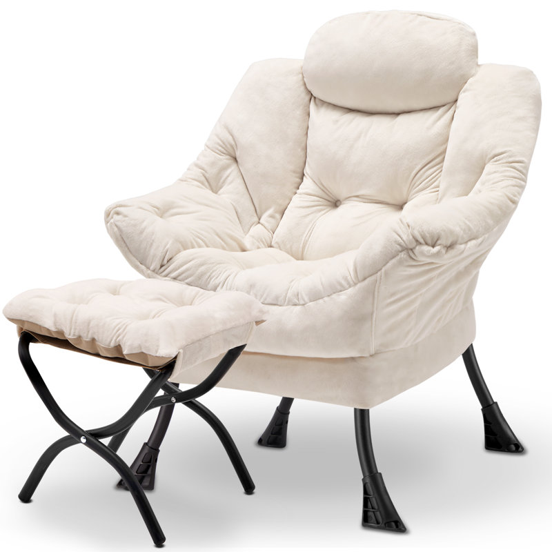 Soft Fabric Lazy Chair With Foling Ottoman,Thick Padded Modern Accent Armchair,Contemporary Lounge Chair With Side Pocket,Reading Chair With Footstool For Bedroom,Living Room
