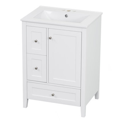 "Meuble-lavabo de 24 pouces avec rangement, tablette réglable, panneau de fibres à densité moyenne et bois d'hévéa, cloisons amovibles, finition blanc brillant"