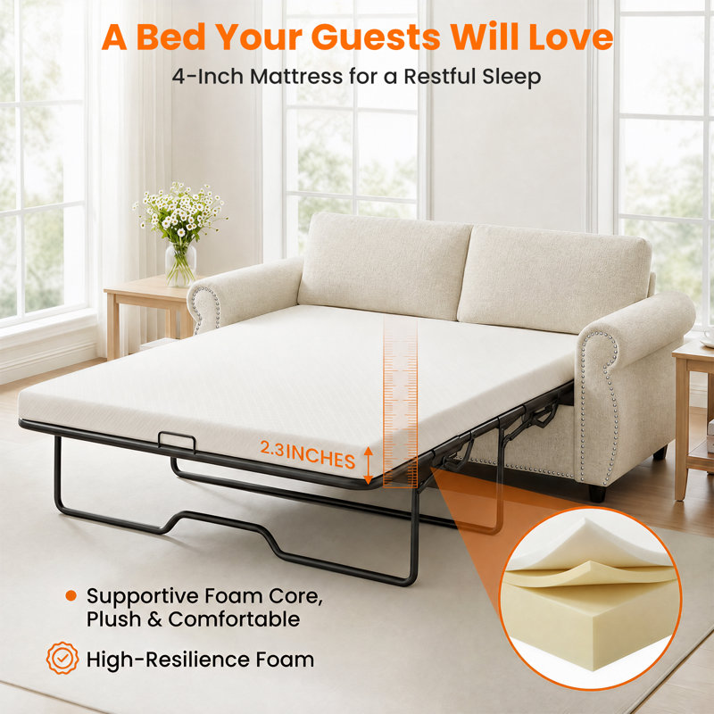 Canapé-lit 2 en 1 escamotable, canapé-lit double avec lit escamotable, matelas en mousse à mémoire de forme, canapés-lits convertibles modernes avec accoudoirs cloutés pour le salon / chambre d'amis