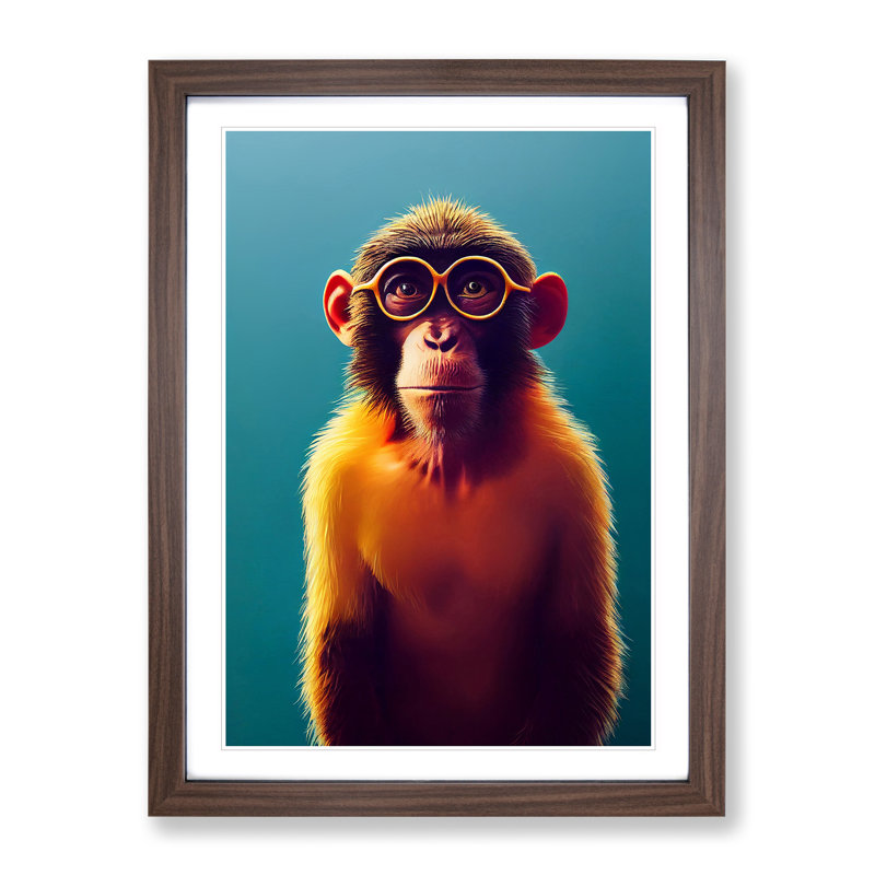 Brainy Monkey - Wall Art, 36cm H x 27cm W x 2cm D, Walnut Framed, White