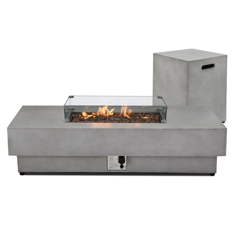 60-inch Rectangular Concrete Propane Fire Pit Table,50,000 BTU,3-Piece Set Includes Glass Wind Guard and Tank Cover,for Patio or Deck