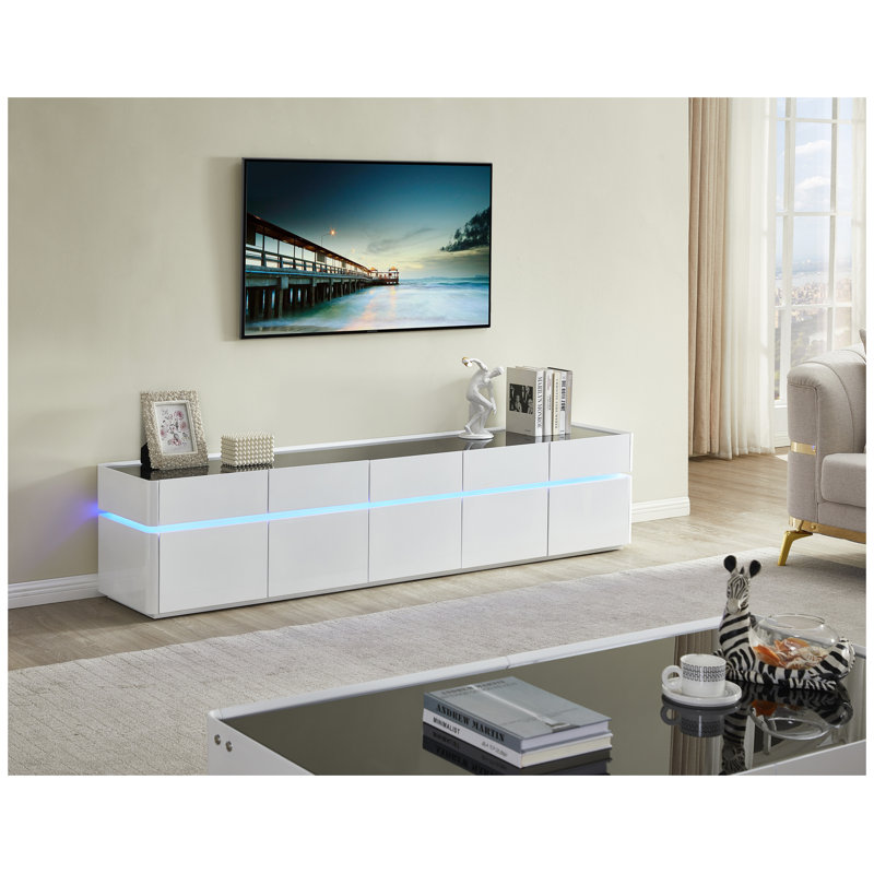 Meuble télé DEL blanc brillant avec plateau en verre trempé, centre multimédia bas et moderne pour téléviseurs de 55 à 65 pouces