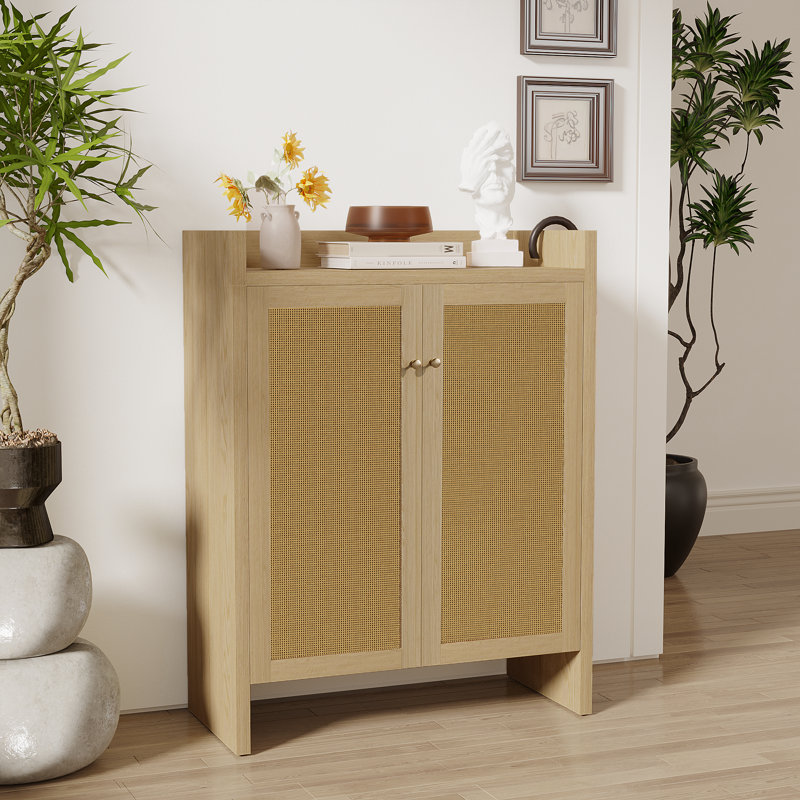Tall Rattan Shoe Storage Cabinet With Doors, 6-Tier Wooden Freestanding Entryway Organizer With Adjustable Shelves, Natural | Gift Idea