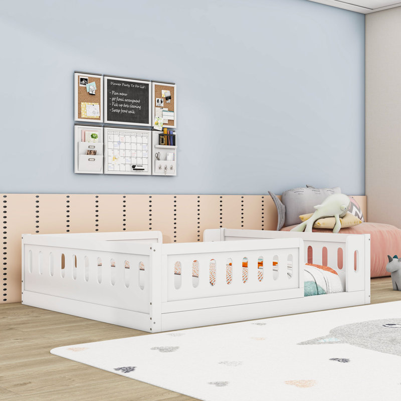 Full Wood Platform Bed With Guardrail, White