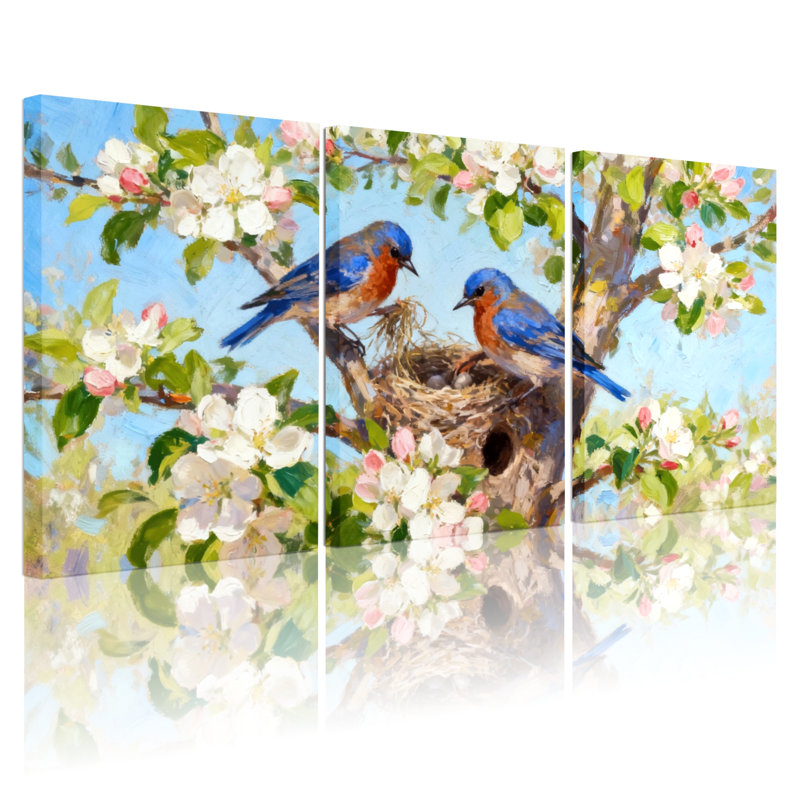 «Birds Birds Nesting Parmi Blossom Branches», ensemble de 3 impressions sur toile, H 24 po x l 48 po