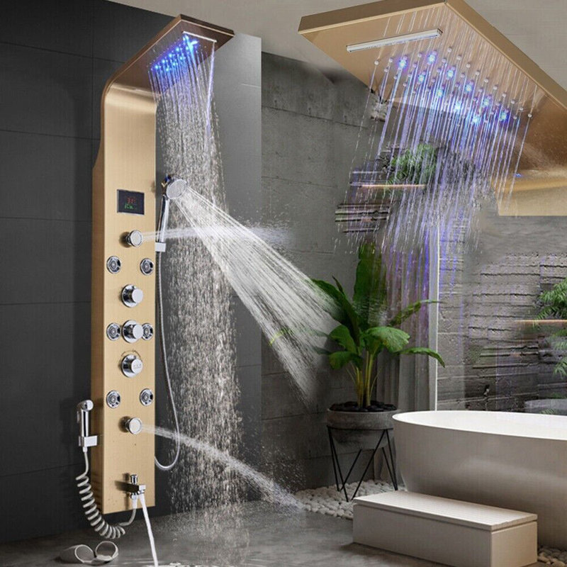 LED Shower Panel Tower Massage System Rain&Waterfall Jets Faucet Stainless Steel