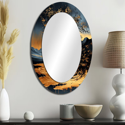 Simplicité dorée en noir arbre africain I - Miroir décoratif floral ovale sur métal