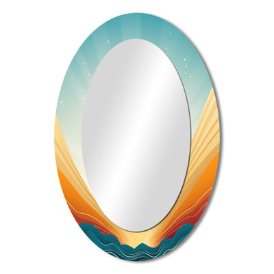 Bold Graphic Sunset in Teal and Orange - Abstract Oval Decorative Mirror On Metal