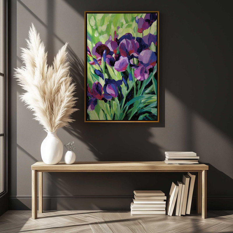 Bold Iris Blooms Rolled Canvas, Polished Gold Floater Framed, 48.75" H x 32.75" W x 1.75" D