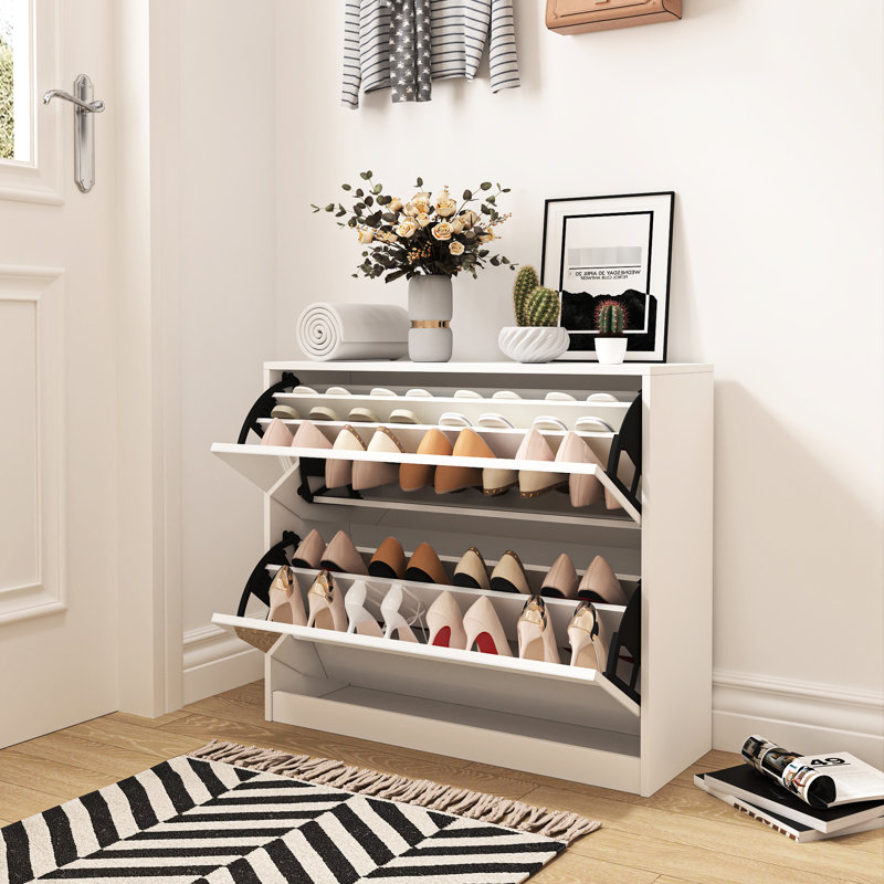 Armoire à chaussures à 2 niveaux pour chambre à coucher, capacité de 18 paires, porte rabattable, panneaux mobiles, blanc et verre, processus d'assemblage facile avec miroir, paires de rangement et chambre à coucher d'entrée élégante