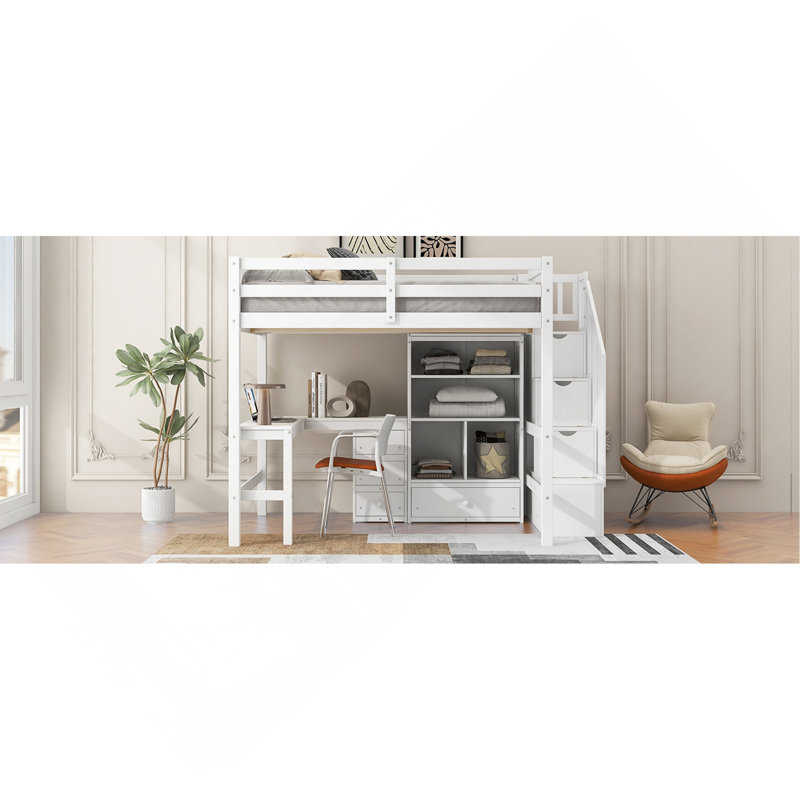 Lit mezzanine double avec bureau en L et tiroirs, armoire et escalier de rangement