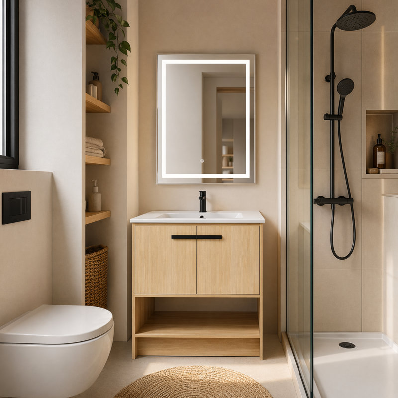 Meuble-lavabo autoportant de 36 pouces avec lavabo en céramique, 2 portes à fermeture douce et tablette ouverte, armoire de rangement en contreplaqué de chêne pour salle de bain, salle d'eau